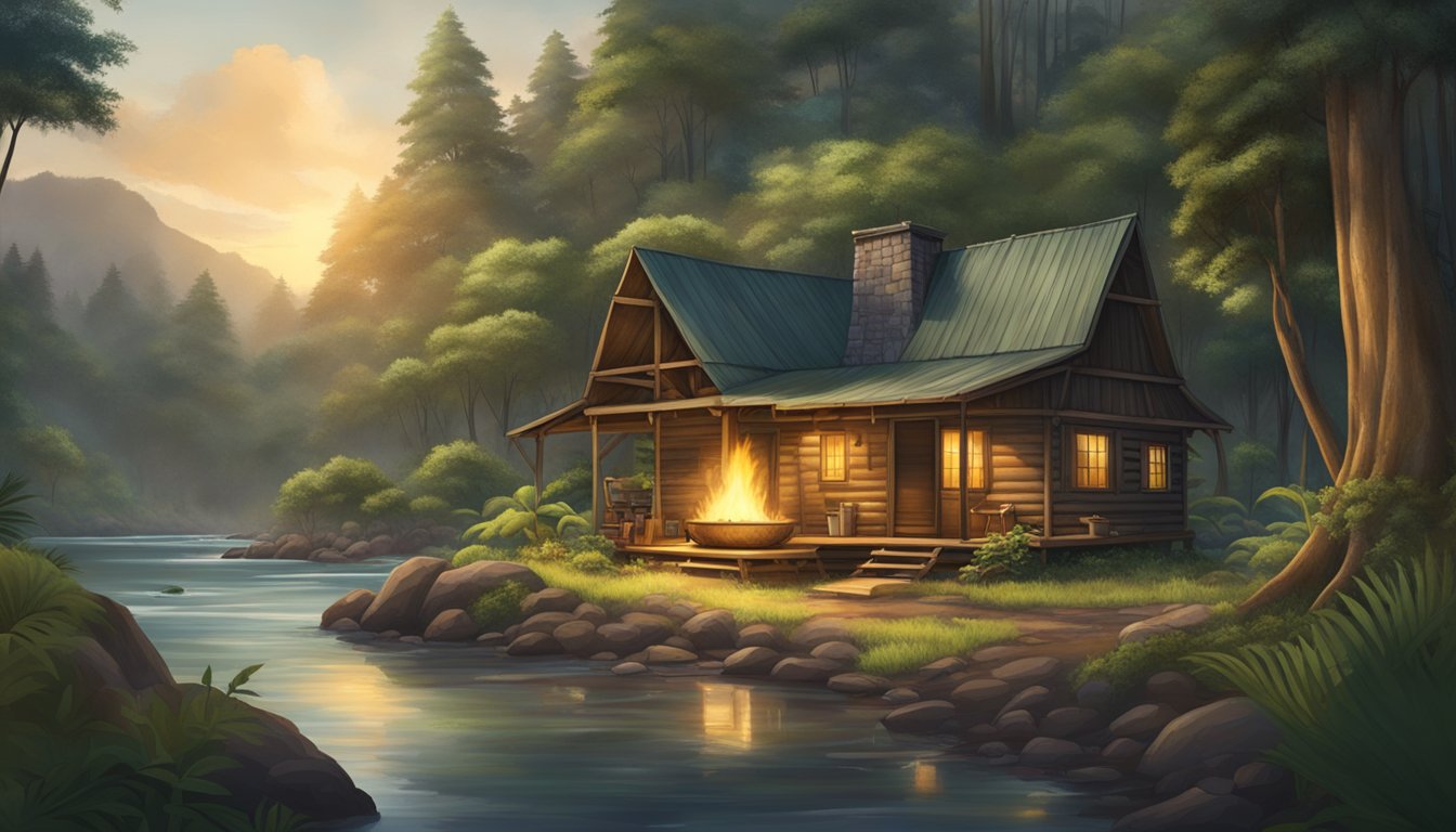 A hunter's cabin nestled in the lush Hawaiian forest, surrounded by towering trees and a serene stream, with a rustic fire pit and hunting gear scattered around the exterior