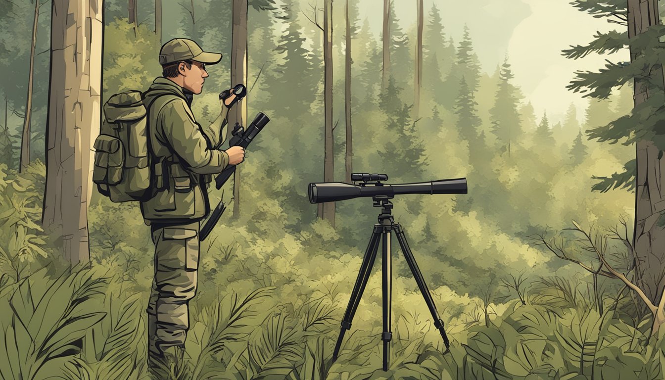 A hunter in camouflage gear stands in a wooded area, surveying the land with binoculars. A "Hunting Leases Available" sign is posted nearby