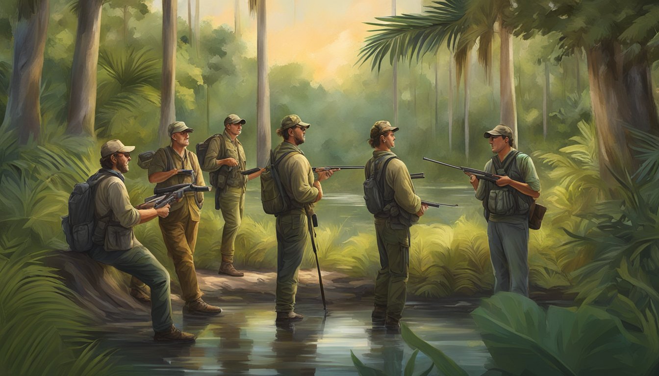 A group of hunters negotiate terms for a lease on a Florida hunting property, surrounded by lush greenery and wildlife