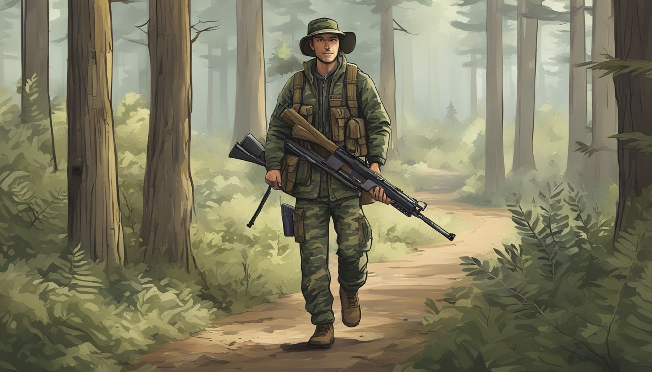 A hunter walking through a wooded area, carrying a rifle and wearing camouflage gear. A sign nearby reads "Hunting Leases Available."