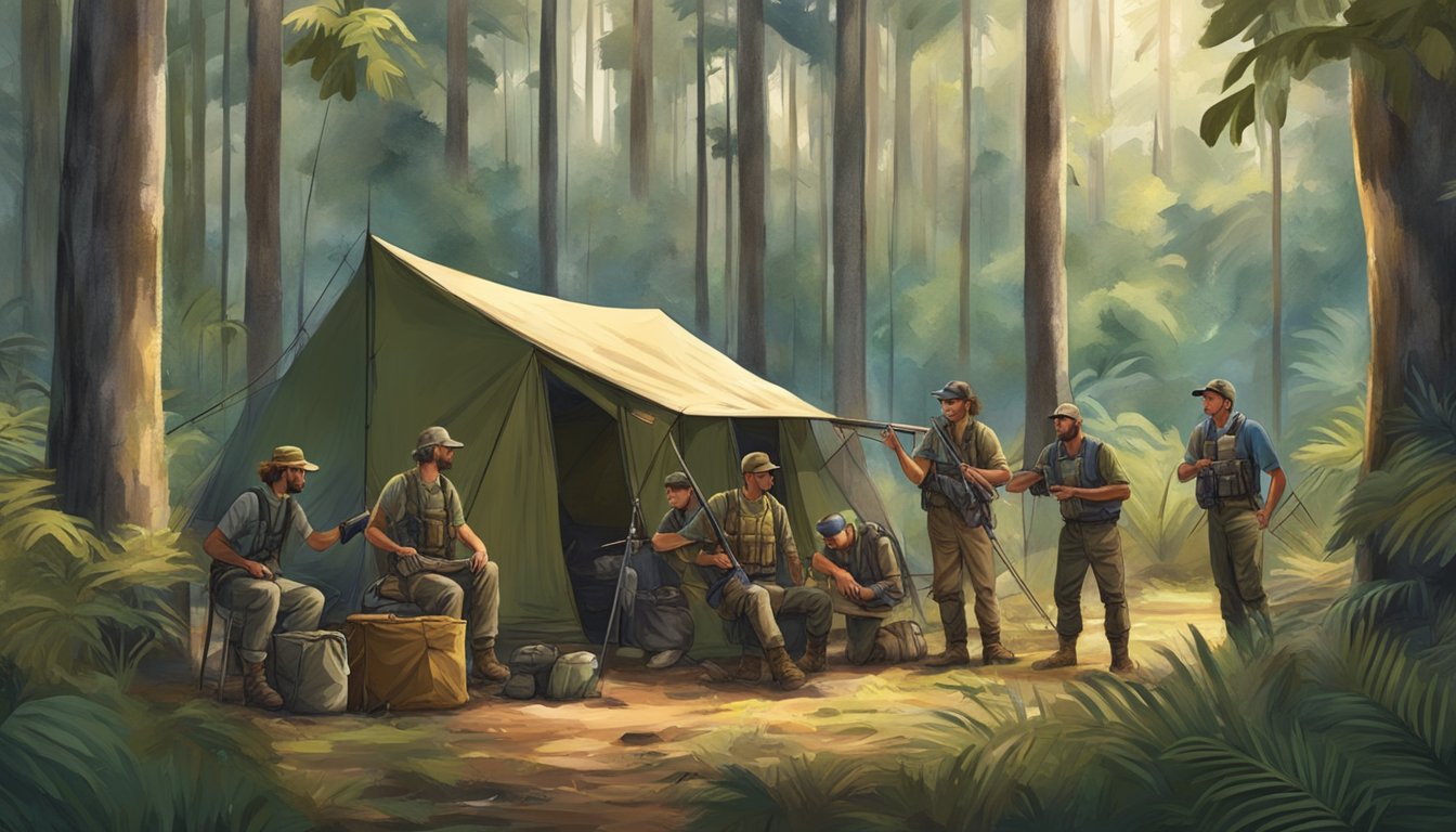 A group of hunters setting up camp in a dense Florida forest, surrounded by tall trees and lush vegetation, preparing for a successful hunting season