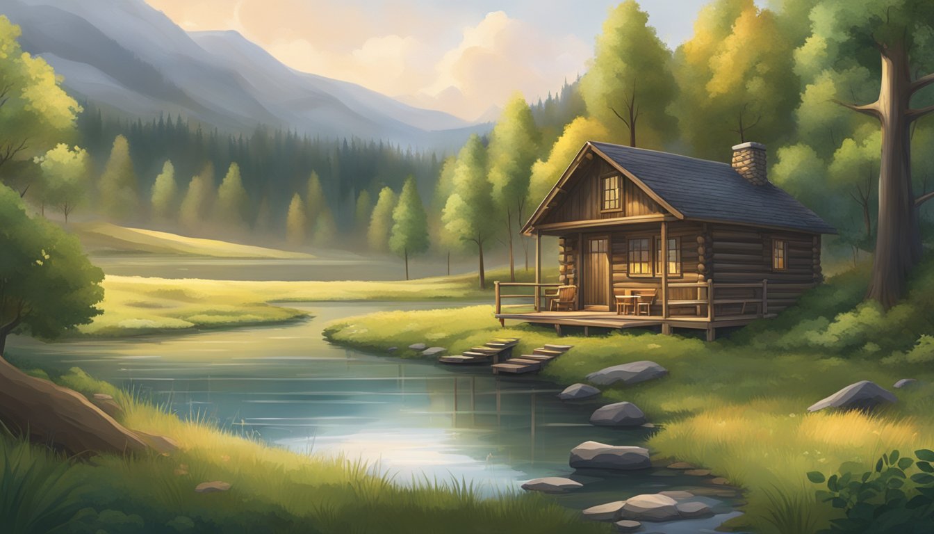 A lush forest with a rustic cabin, a tranquil lake, and a sprawling field, surrounded by rolling hills and dense woodland