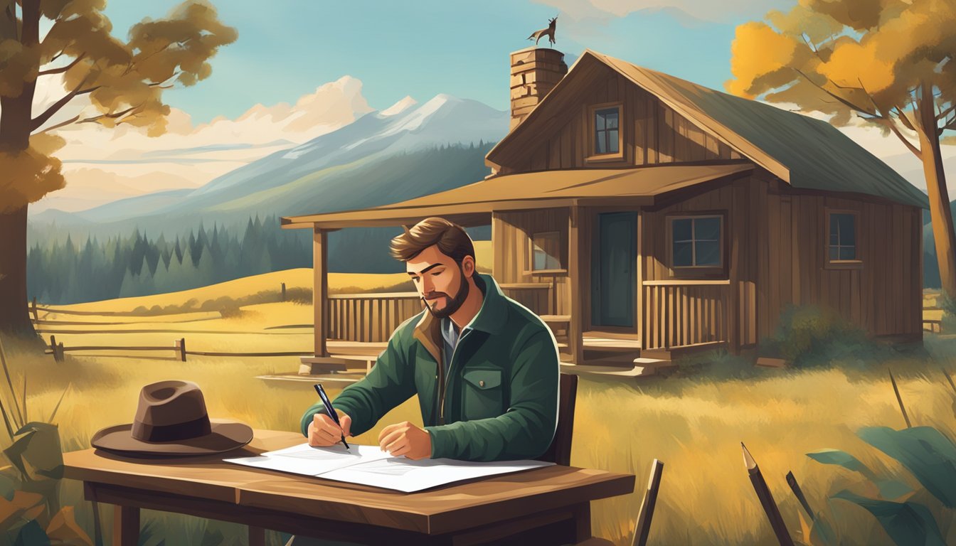 A hunter signing a lease agreement with a landowner, surrounded by a rural landscape and a hunting cabin