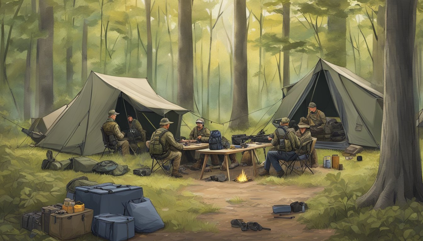 A group of hunters set up camp in a wooded area, surrounded by hunting leases in Indiana. Rifles and gear are scattered around the campsite