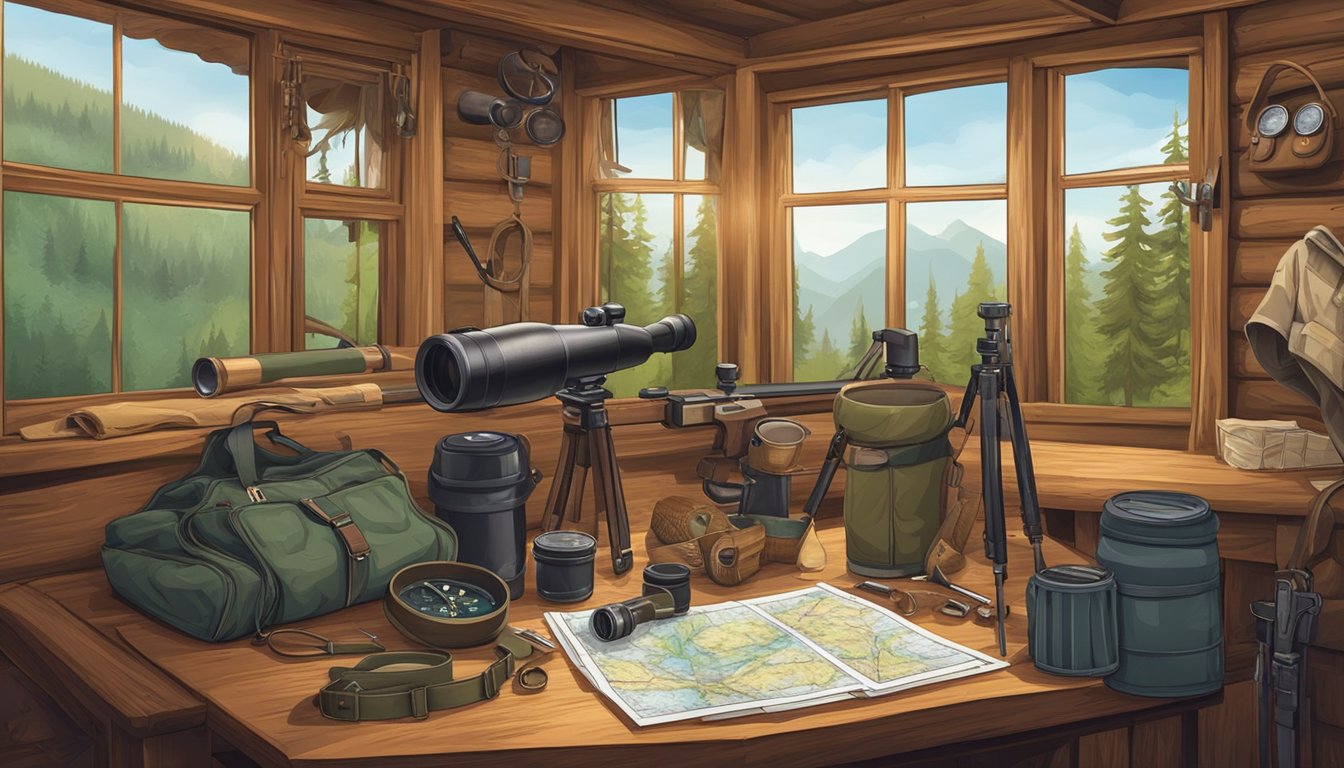 A hunter's cabin nestled in the woods, surrounded by hunting gear, maps, and a rifle. A pair of binoculars and a compass lay on the table