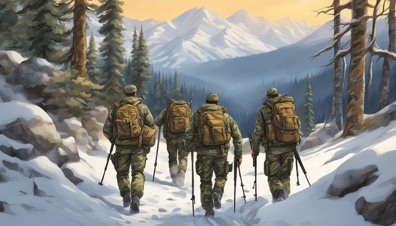 A group of hunters in camouflage gear and carrying rifles trek through the rugged terrain of Idaho, surrounded by dense forests and snow-capped mountains