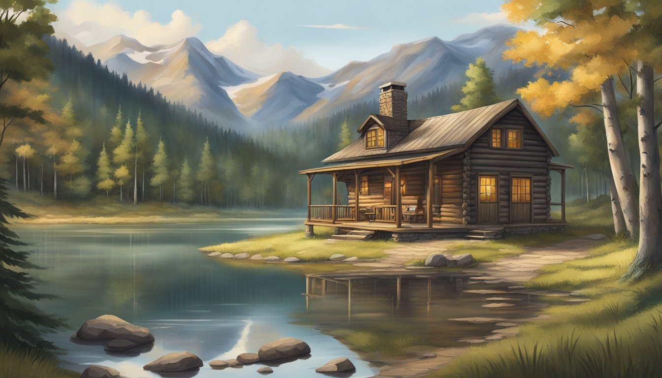 A sprawling landscape of rugged terrain and dense forests, with a tranquil lake nestled in the valley. A rustic cabin stands at the edge of the woods, surrounded by hunting blinds and trails