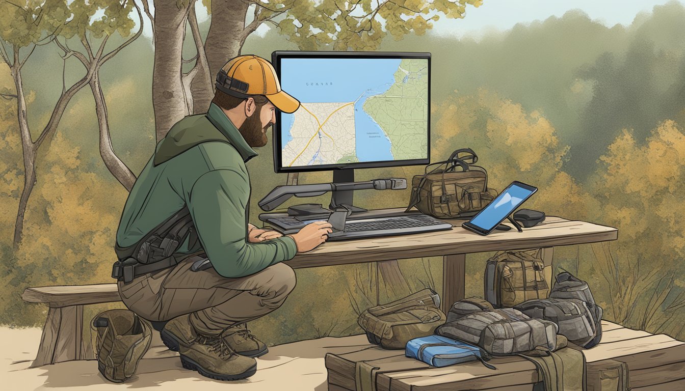 A hunter browses through leasing platforms on a computer, surrounded by hunting gear and maps of Kentucky