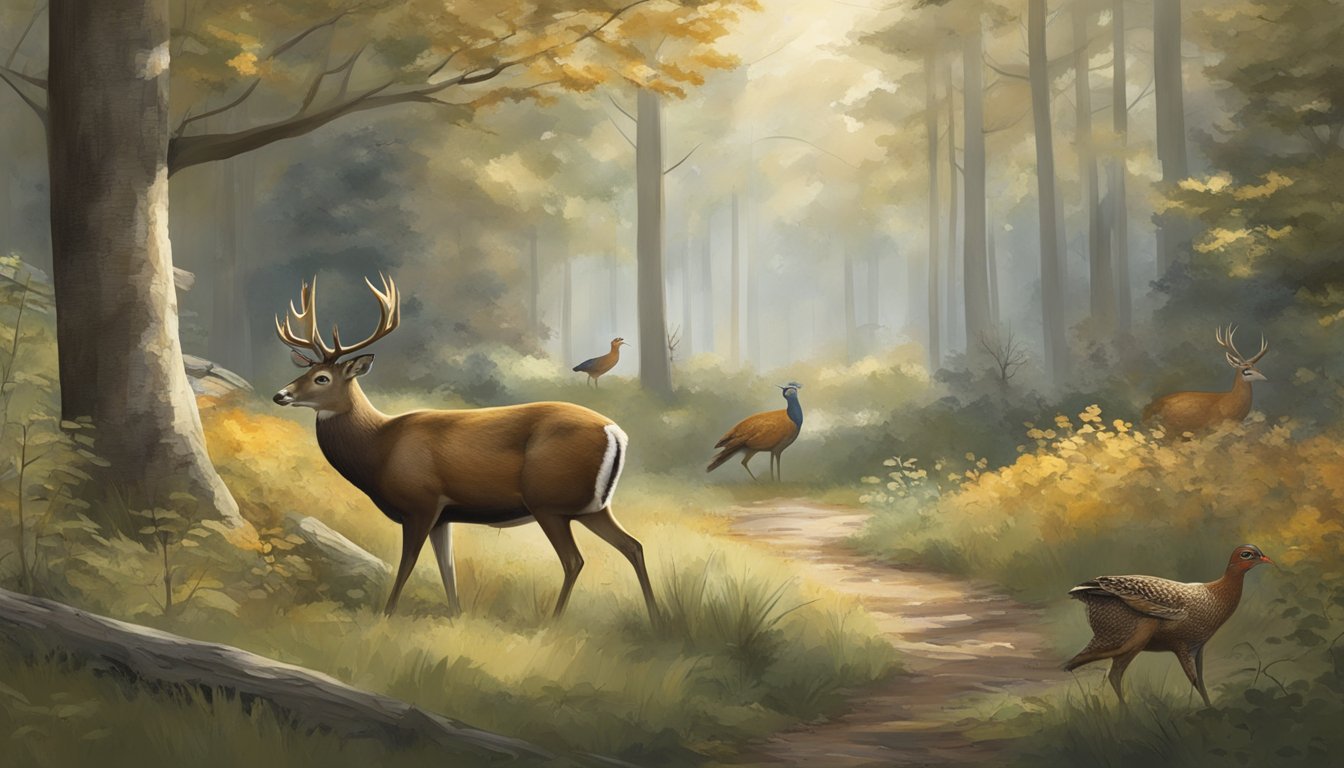 A serene woodland scene with deer, turkey, and pheasants in a natural setting, with a subtle indication of hunting seasons and lease availability