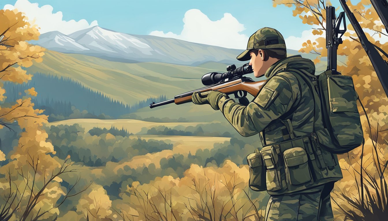 A hunter in camouflage gear stands in a wooded area with a rifle, scanning the landscape for game. A clear blue sky and distant hills are visible in the background