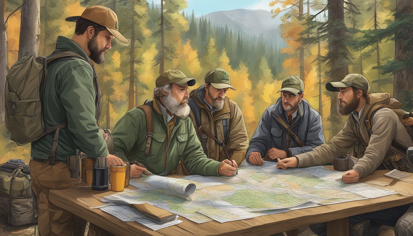 A group of hunters gather around a table covered in maps, permits, and regulations. A forest backdrop and hunting gear are visible in the background