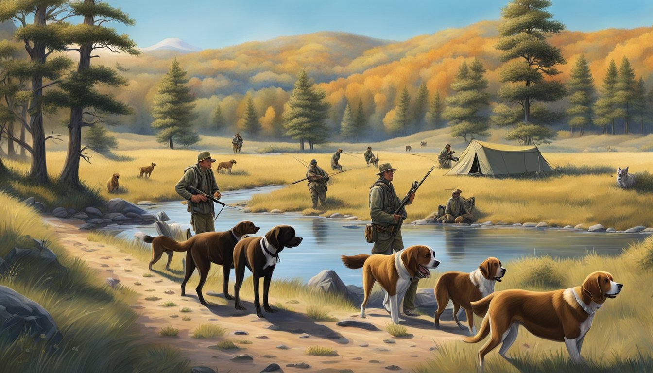 A group of hunters setting up camp in a wooded area, surrounded by rolling hills and a clear blue sky. A few hunting dogs roam around, and a small stream runs through the landscape