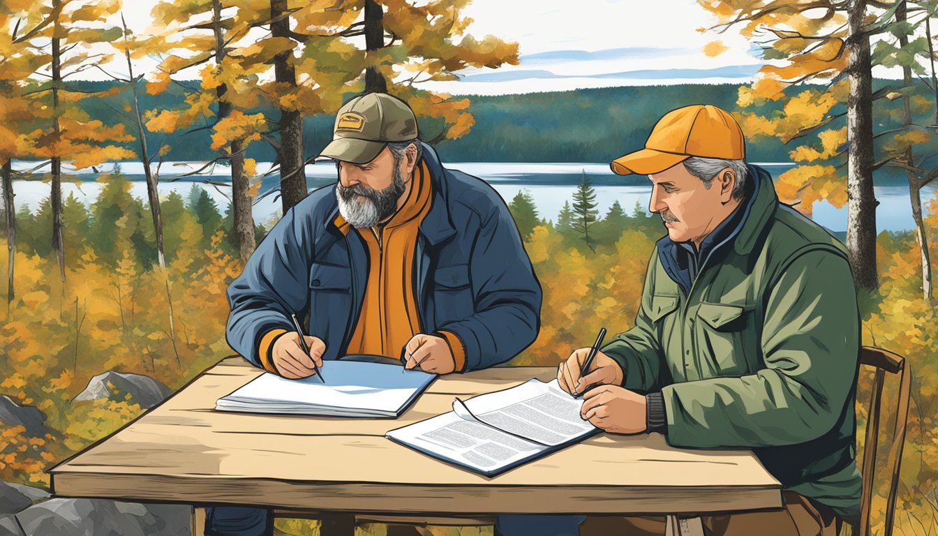 A hunter in Maine signing a lease agreement with a landowner, both discussing terms and boundaries of the hunting area