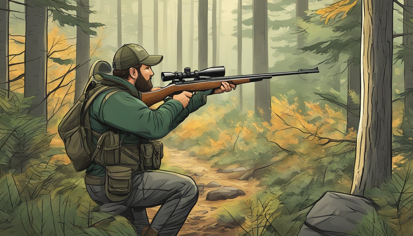 A hunter in Maine's forest, aiming at game species with a hunting lease in the background