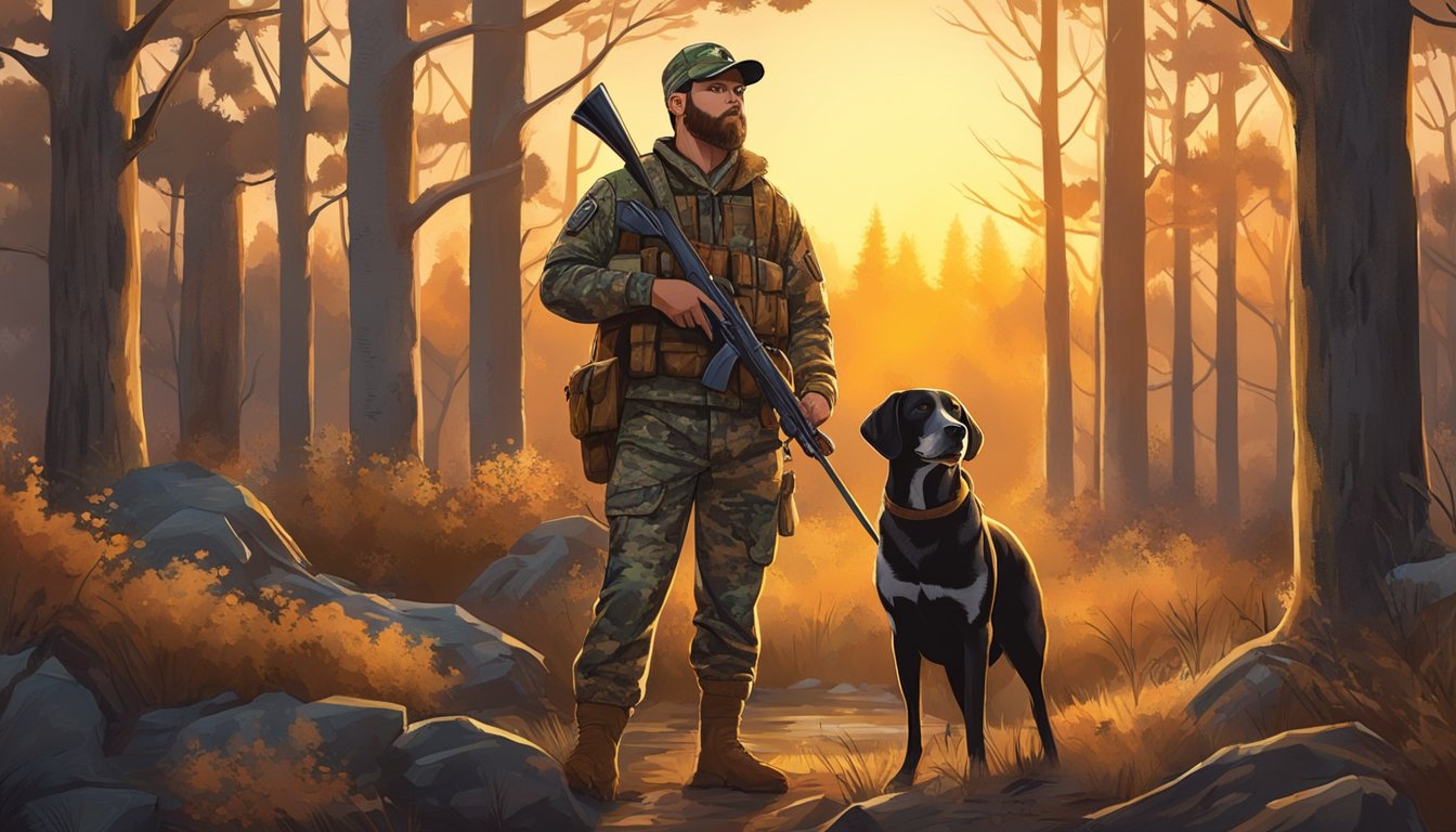 A hunter in camouflage gear stands in a wooded area, rifle in hand, with a hunting dog by his side. The sun is setting, casting a warm glow over the landscape