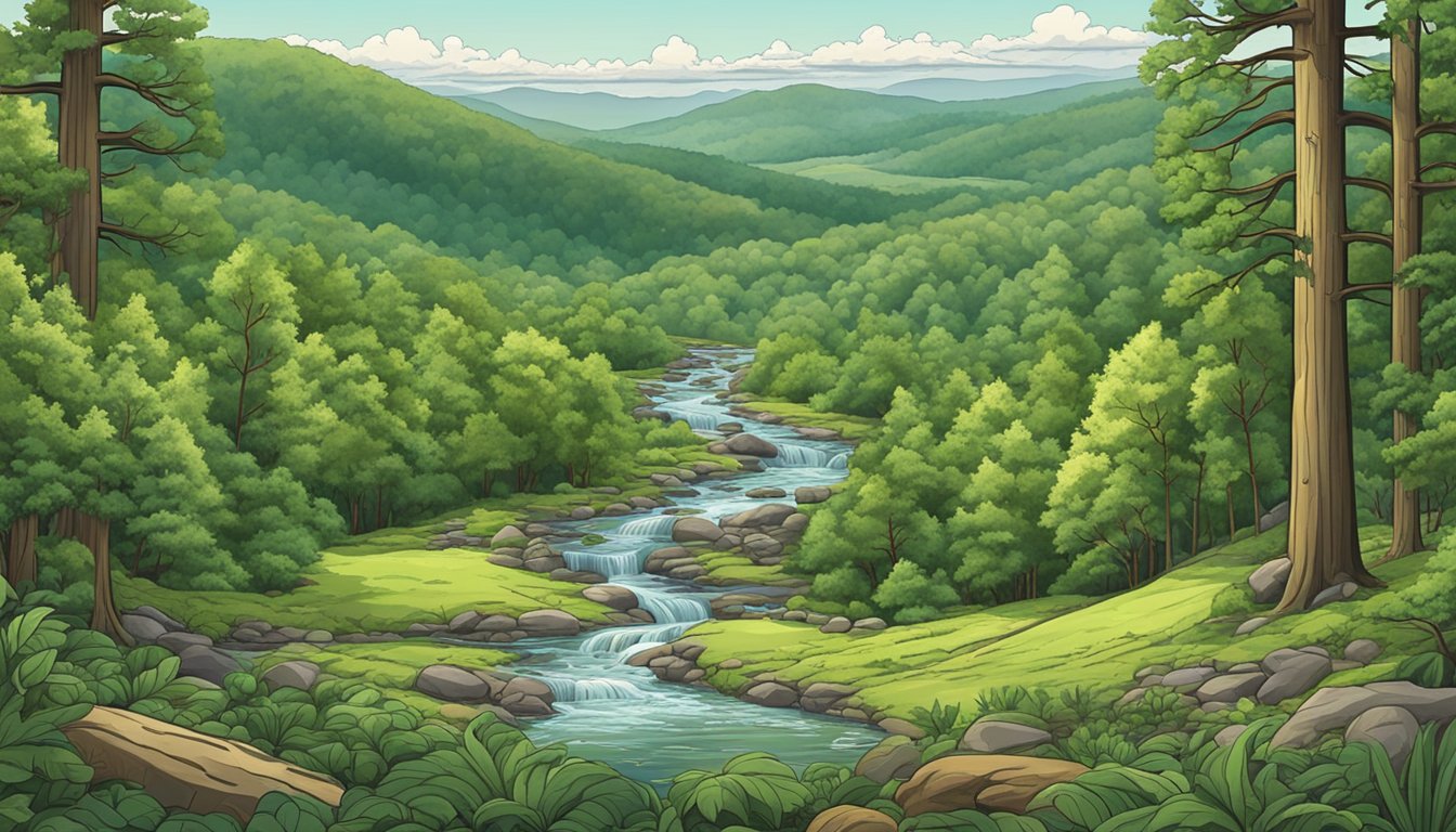 A dense forest with rolling hills, a small stream, and abundant wildlife, set against a backdrop of the Appalachian Mountains