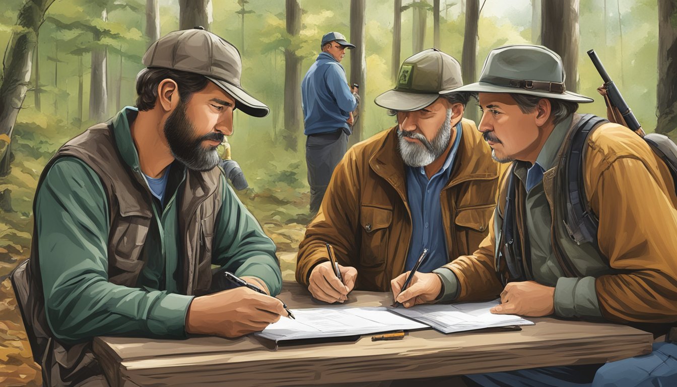 A group of hunters and landowners discussing terms and signing documents for a hunting lease in Maryland