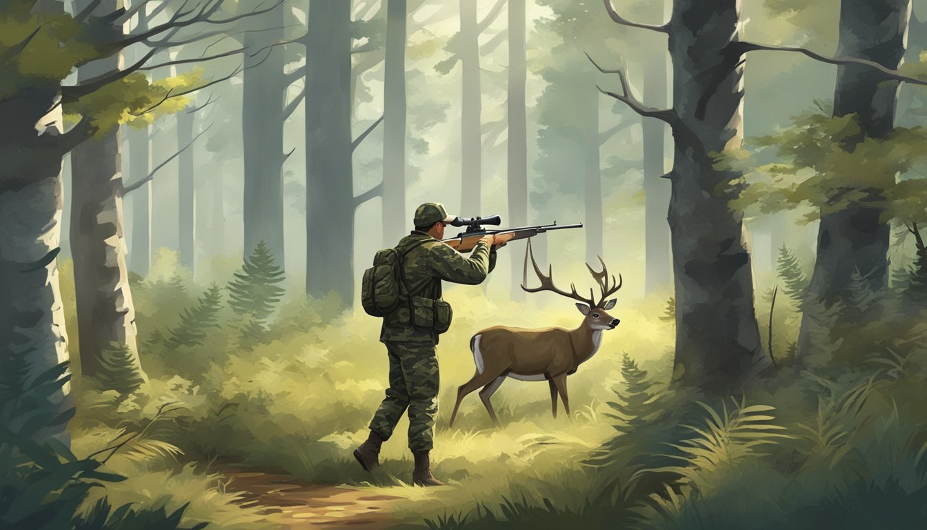 A hunter in camouflage aiming a rifle at a deer in a forest clearing