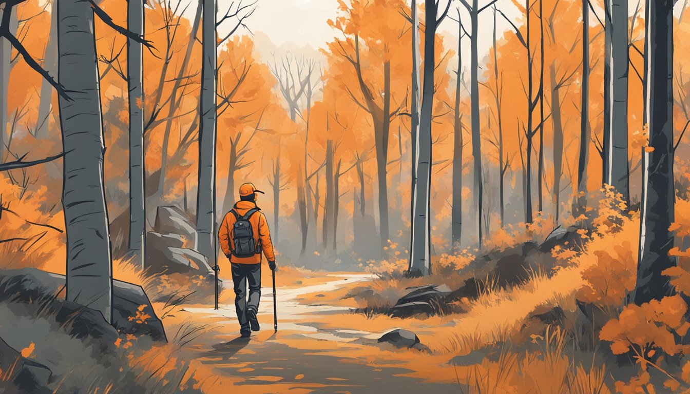 A hunter in bright orange gear walks through a wooded area, shotgun in hand, while a sign nearby outlines safety and etiquette rules for hunting leases in Iowa