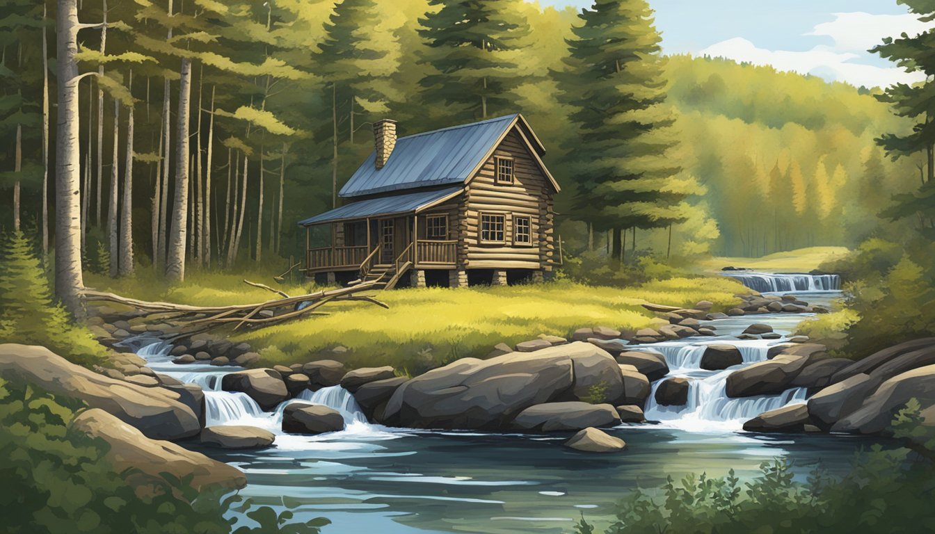 A serene forest clearing with a rustic hunting cabin, surrounded by dense foliage and wildlife. A stream trickles nearby, and a sign advertises hunting leases in Maine