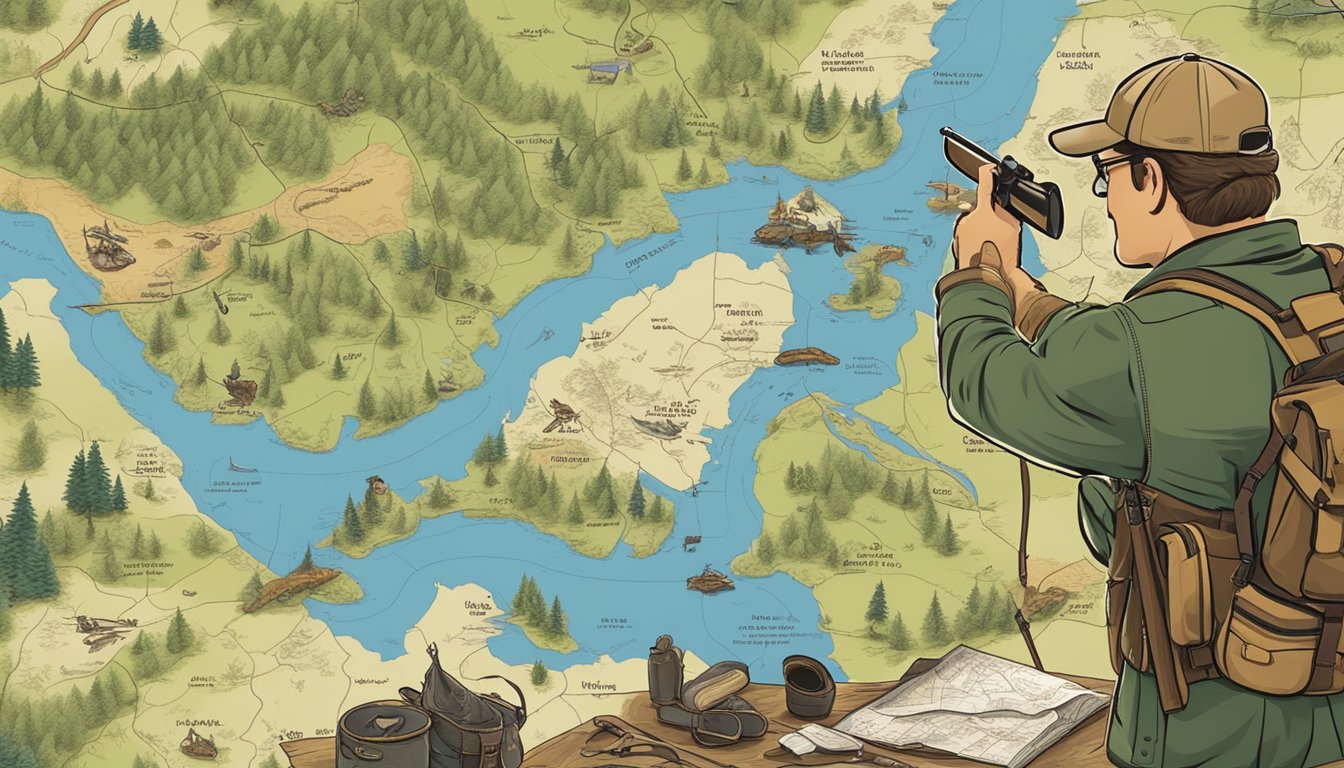 A hunter carefully reviews a map of Maryland, surrounded by hunting gear and equipment, while considering various lease options