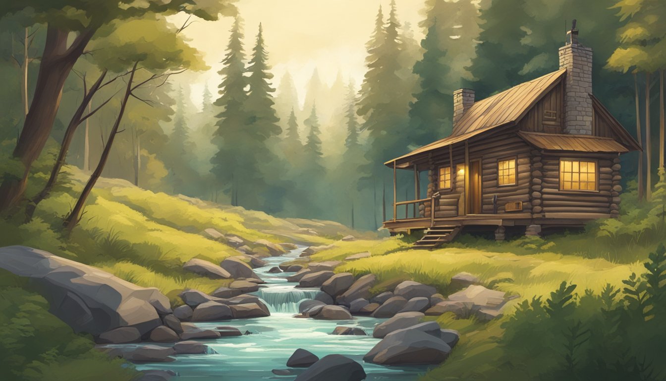 A lush forest with a clearing, a rustic cabin, and a stream. A hunter with a rifle and a guide pointing at deer tracks