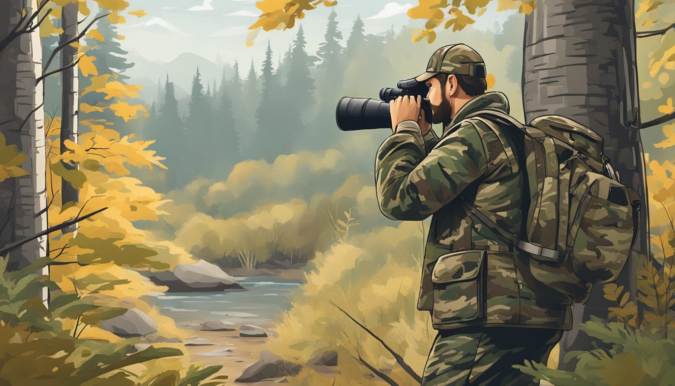 A hunter in camouflage standing in a wooded area, scanning the landscape with binoculars for the perfect hunting lease in Minnesota