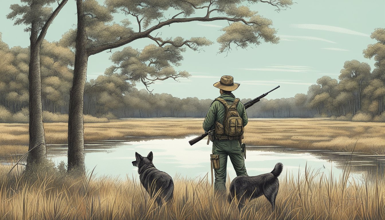 A hunter surveys a vast Louisiana landscape, dotted with trees and brush, searching for the perfect hunting lease