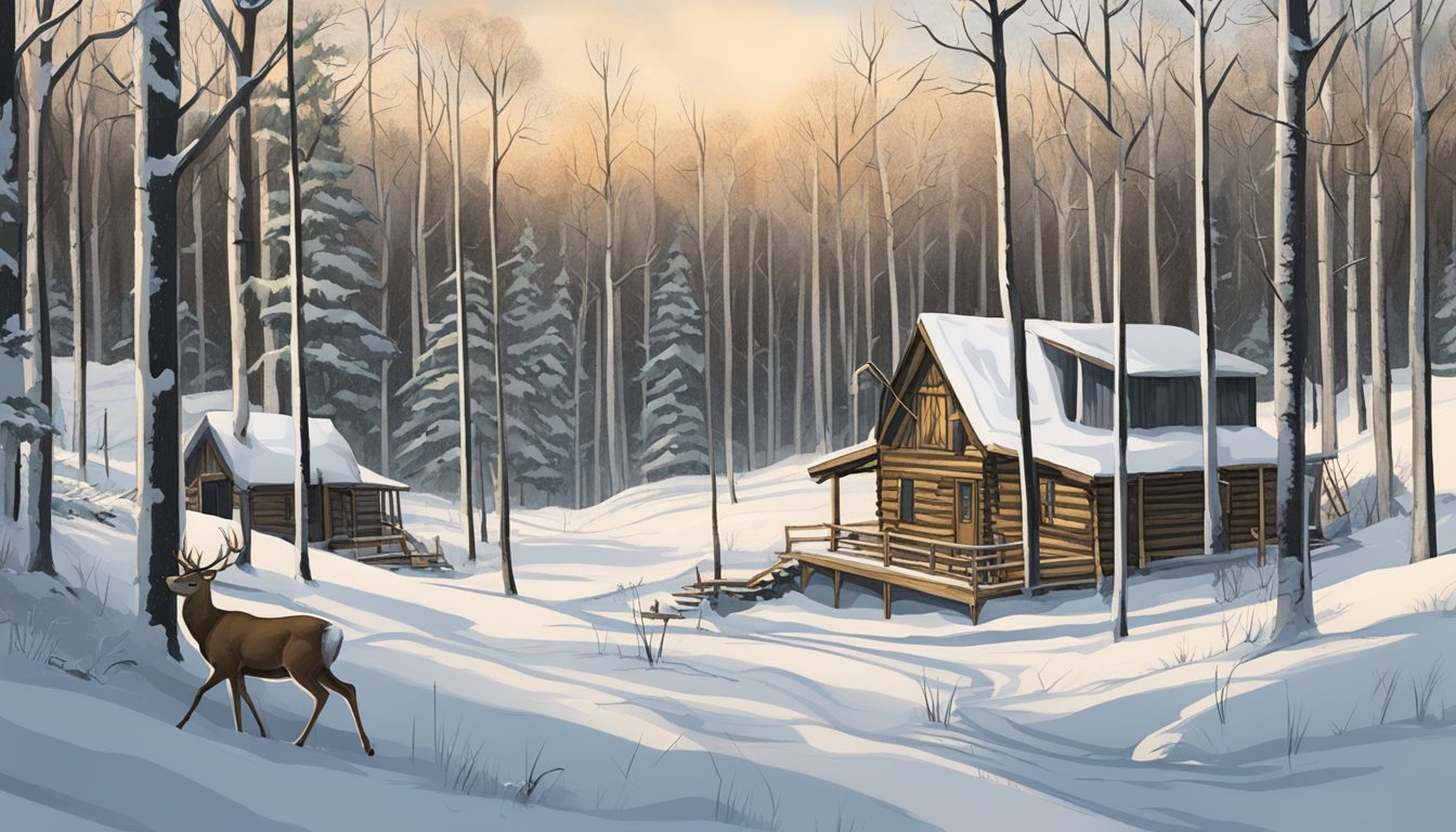 A snowy woodland with hunting cabins and deer stands in Minnesota