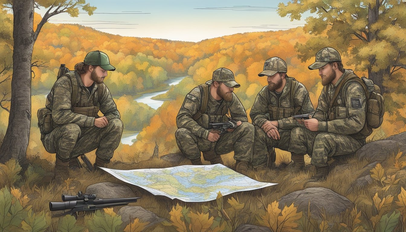 A group of hunters in camouflage gear gather around a map of Minnesota, discussing potential hunting leases. The landscape around them is dotted with trees and rolling hills