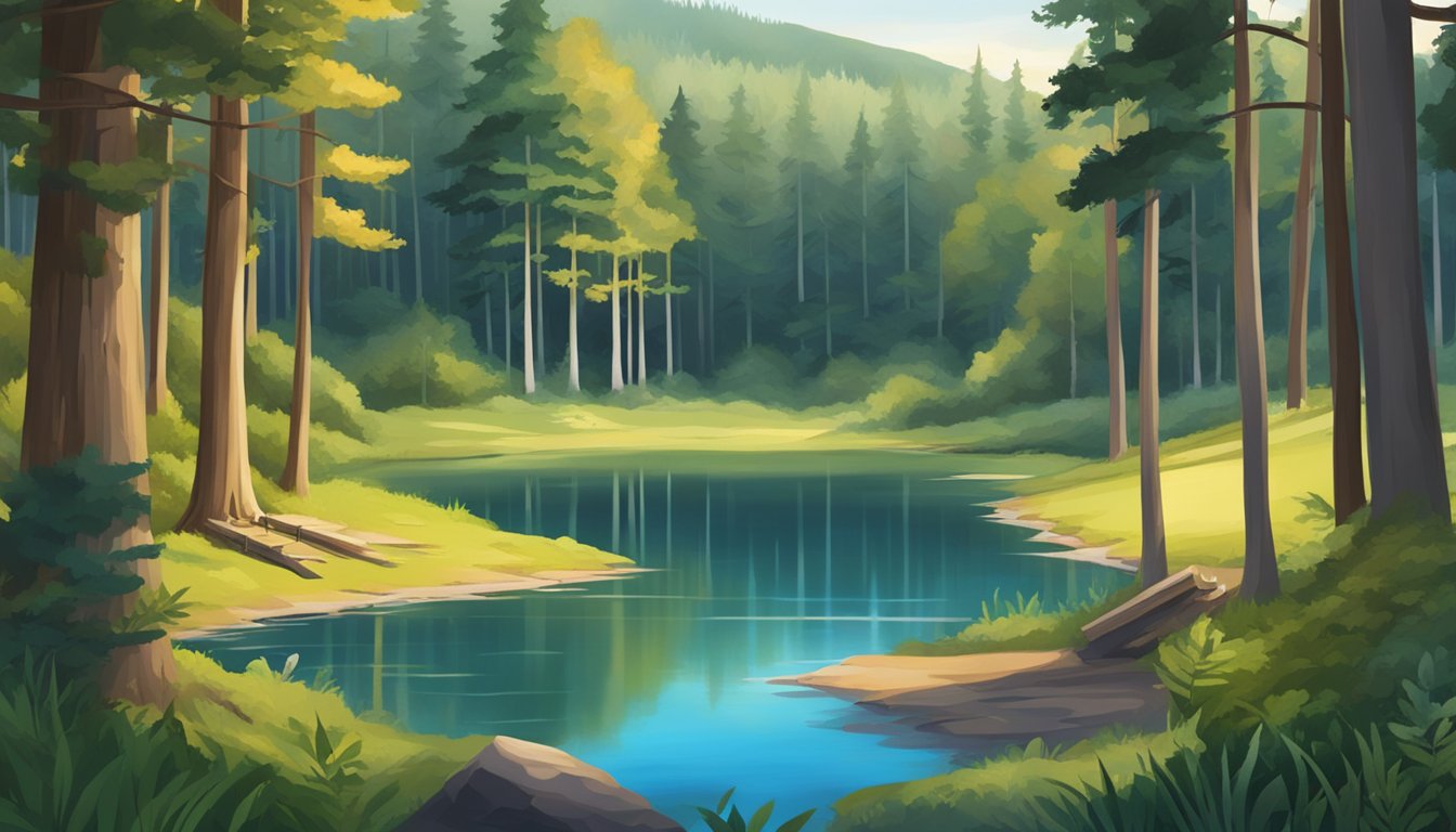 A serene forest clearing with a tranquil lake, hiking trails, and a campfire ring, surrounded by lush trees and wildlife