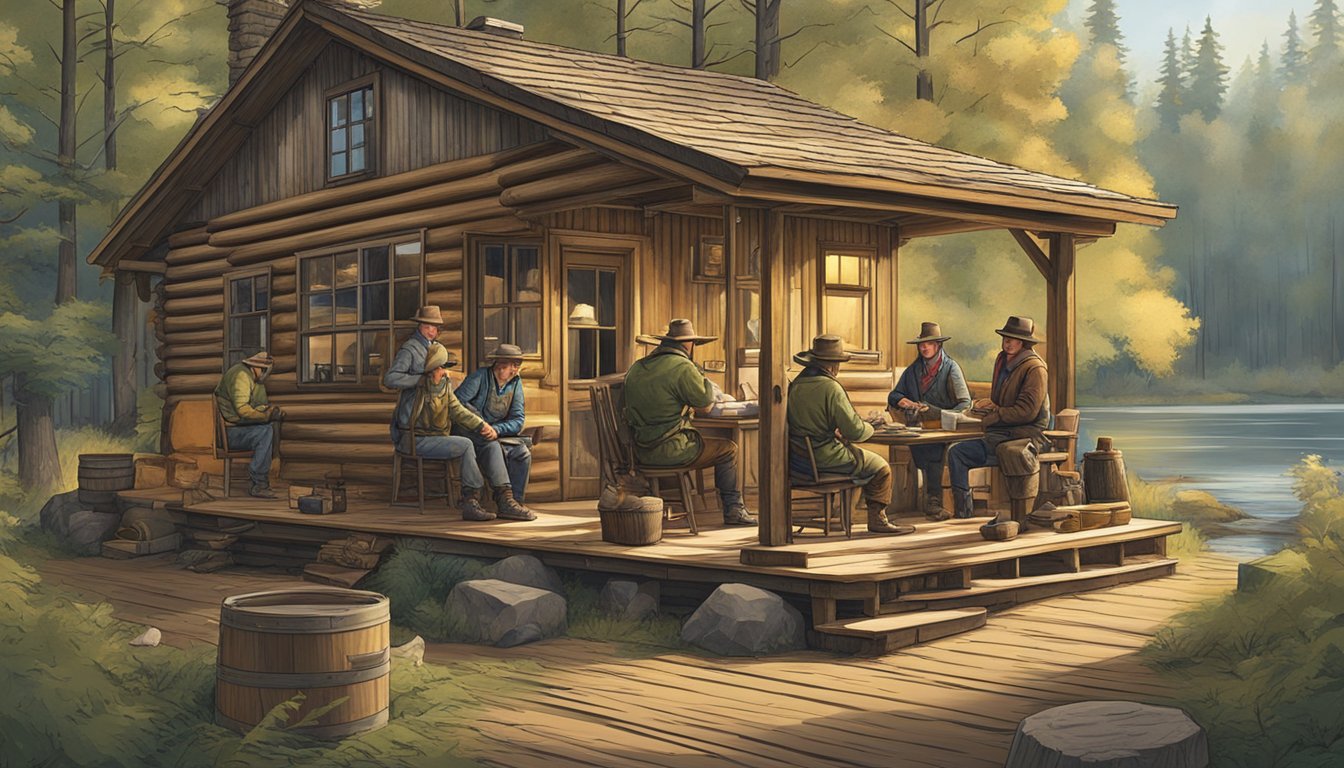 A group of hunters negotiate a lease agreement in a rustic cabin surrounded by Minnesota's wooded landscape