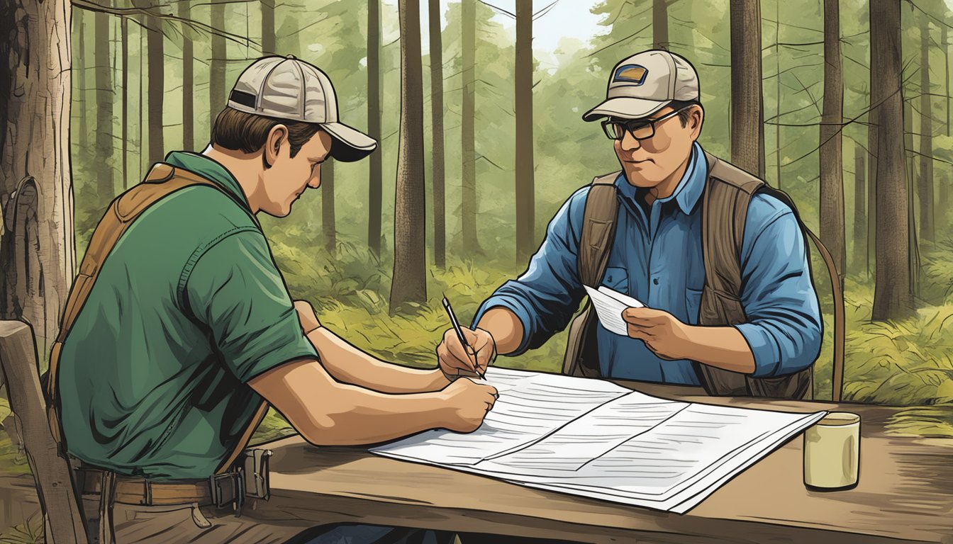 A hunter signing a lease agreement with a landowner in a wooded area of Michigan