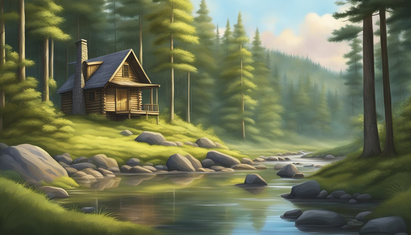 A serene forest clearing with a small hunting cabin, surrounded by tall trees and a gentle stream running through the scene