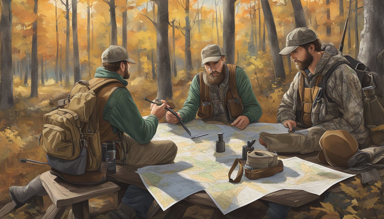 A group of hunters discussing lease terms in a wooded area with a map and hunting gear spread out on a table