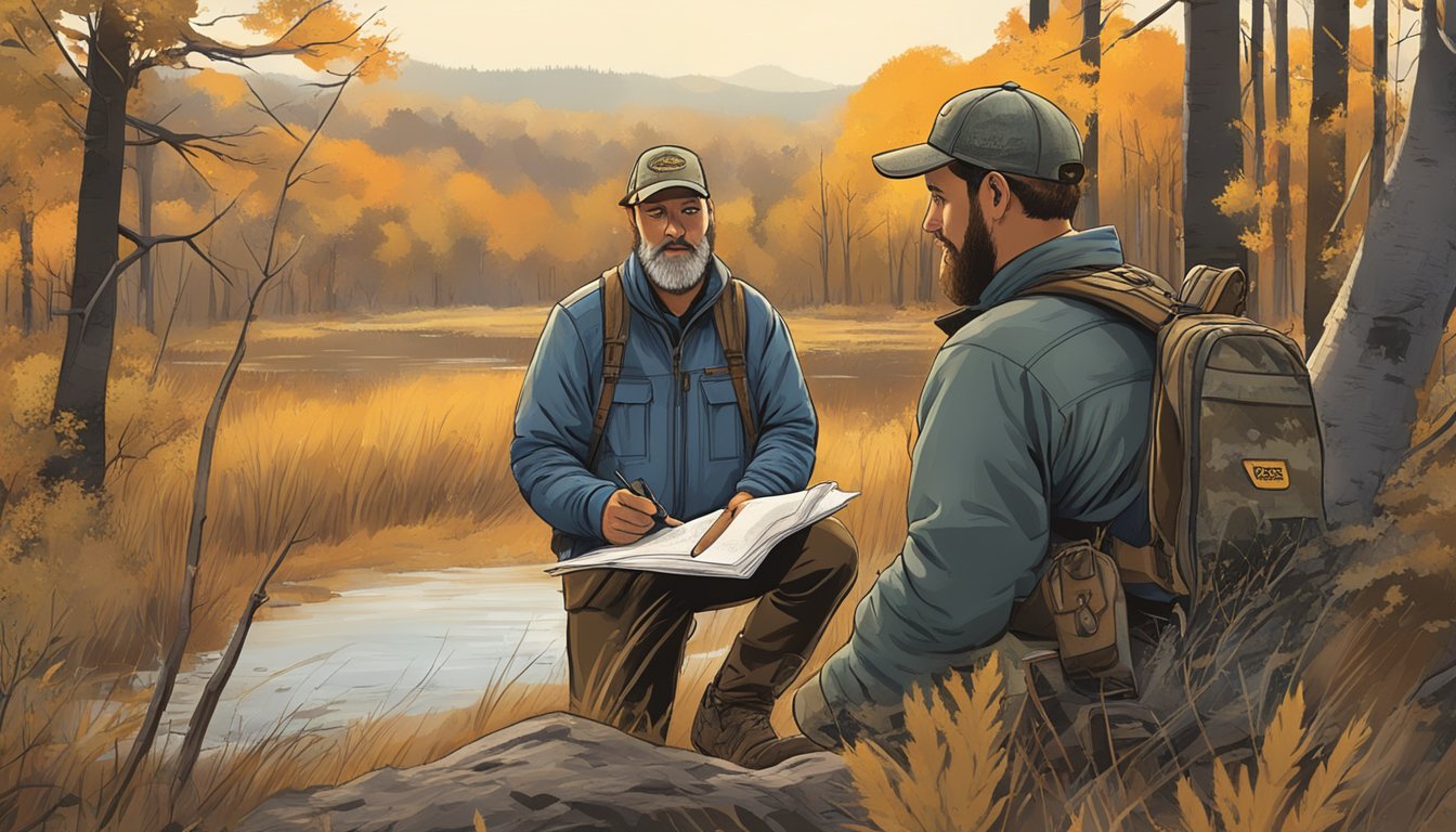 A hunter in Missouri carefully reads through a document outlining regulations and compliance requirements for hunting leases