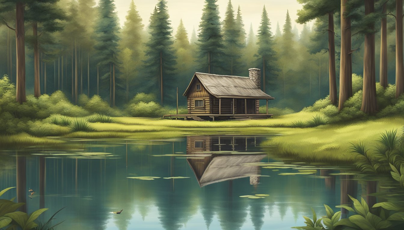 A lush forest clearing with a rustic hunting cabin, surrounded by tall trees and a serene pond