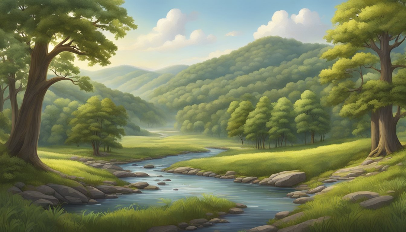 A dense forest with towering oak and hickory trees, a winding river, and open grassy fields, all surrounded by rolling hills and abundant wildlife