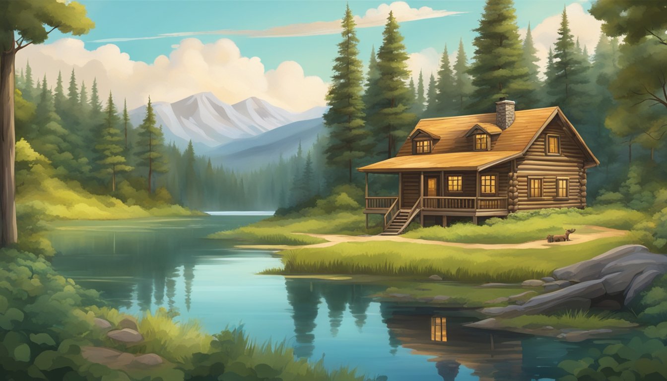 Lush forest with rolling hills, a tranquil lake, and abundant wildlife. A cozy cabin nestled among the trees, with hunting gear and a map nearby