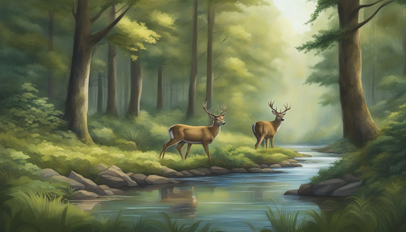 A peaceful forest clearing with a deer drinking from a stream, surrounded by lush vegetation and towering trees. A hunting blind sits nearby, blending in with the natural surroundings