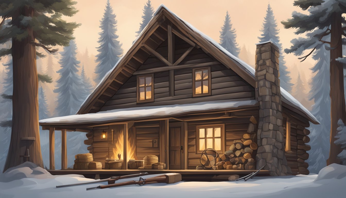 A cozy cabin nestled in the woods, surrounded by hunting gear and a crackling fire. A row of rifles and camouflage clothing hang on the wall