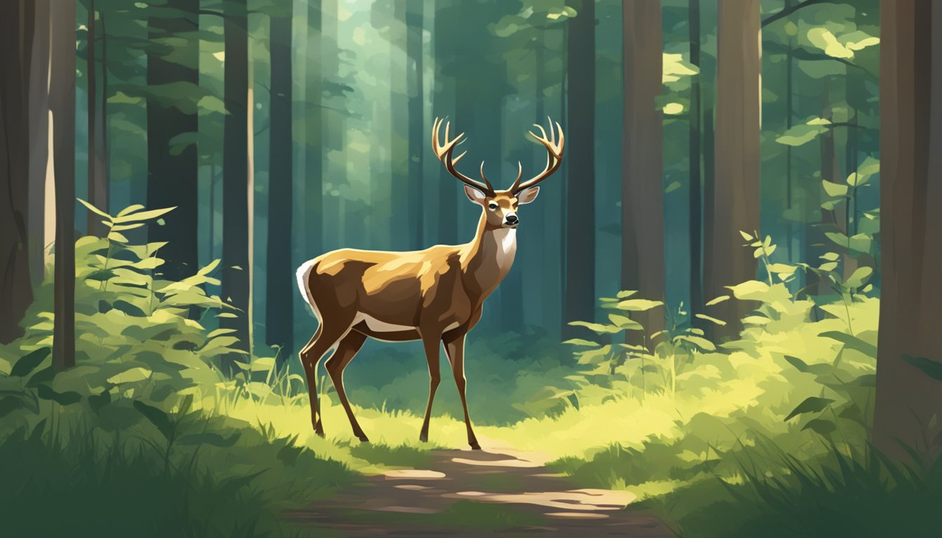 A deer stands in a dense forest clearing, surrounded by tall trees and brush. The sun filters through the leaves, casting dappled light on the ground