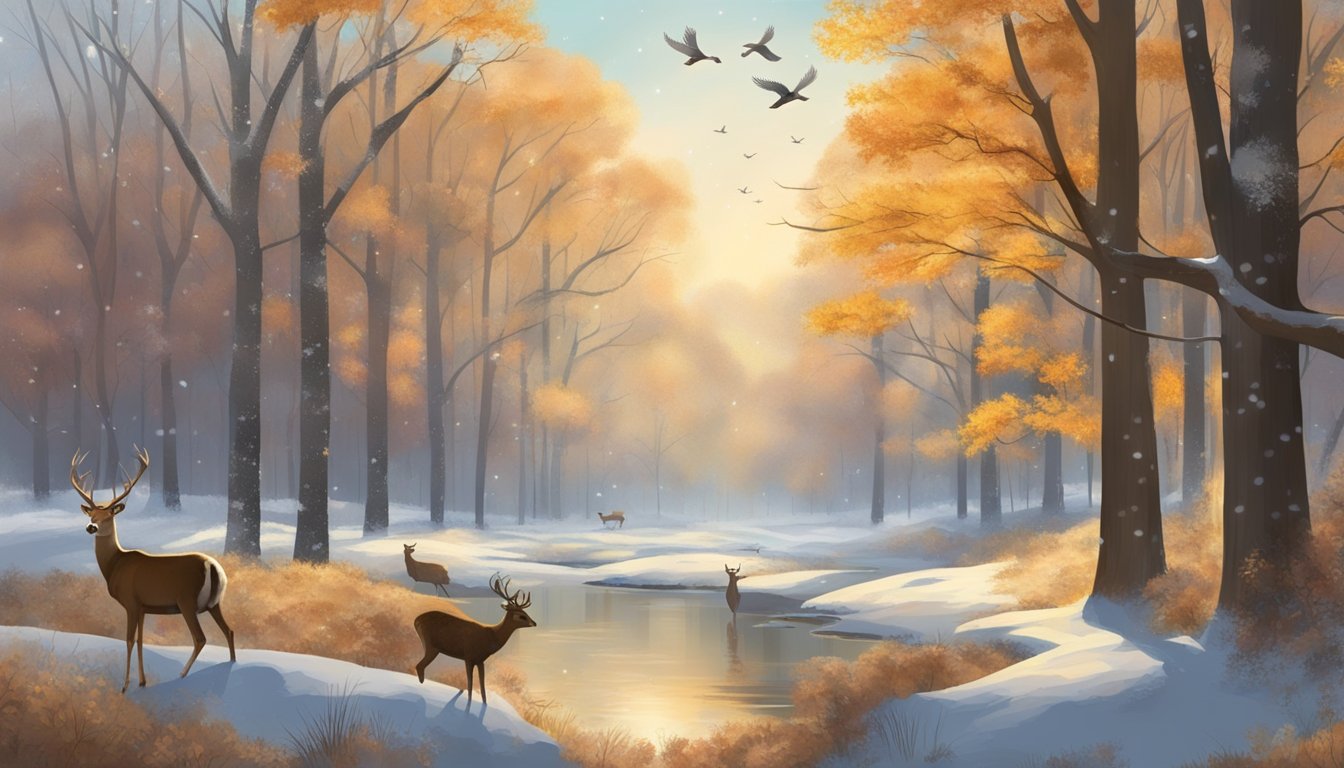 A serene forest clearing with deer, turkey, and waterfowl. The changing seasons are depicted with vibrant autumn foliage and a peaceful winter snowfall