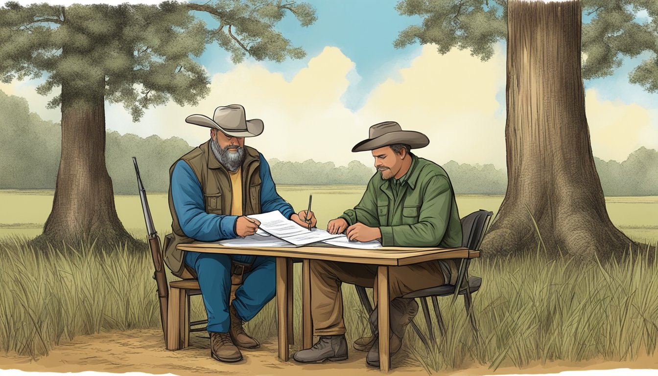 A hunter signing a lease agreement with a landowner in Mississippi