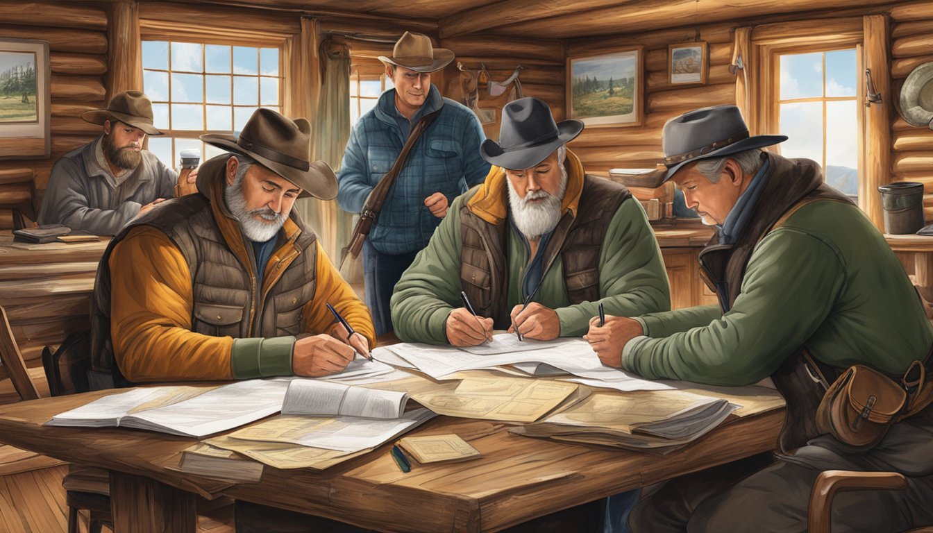 A group of hunters and landowners signing contracts in a rustic New Hampshire cabin, with maps and hunting gear spread across the table