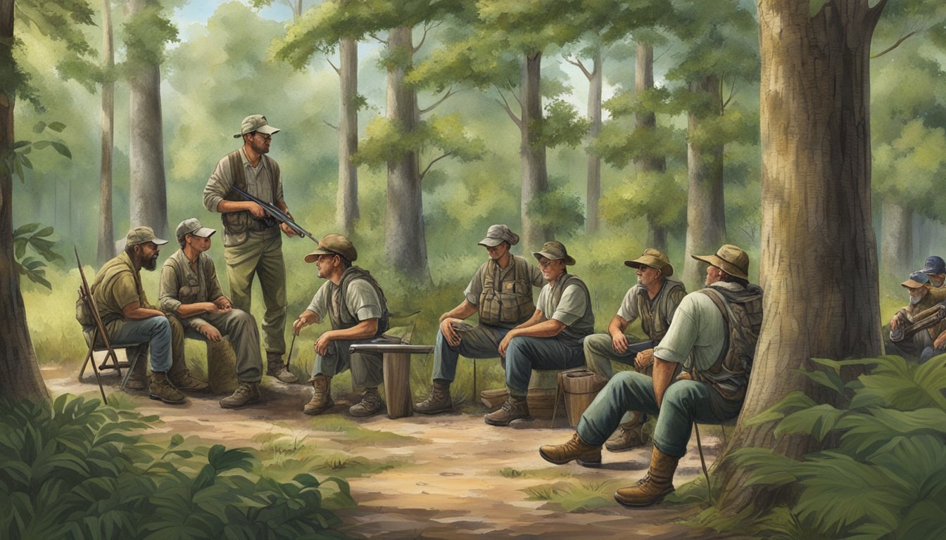 A group of hunters gather at a Mississippi hunting lease, surrounded by lush greenery and wildlife, as they discuss membership and community