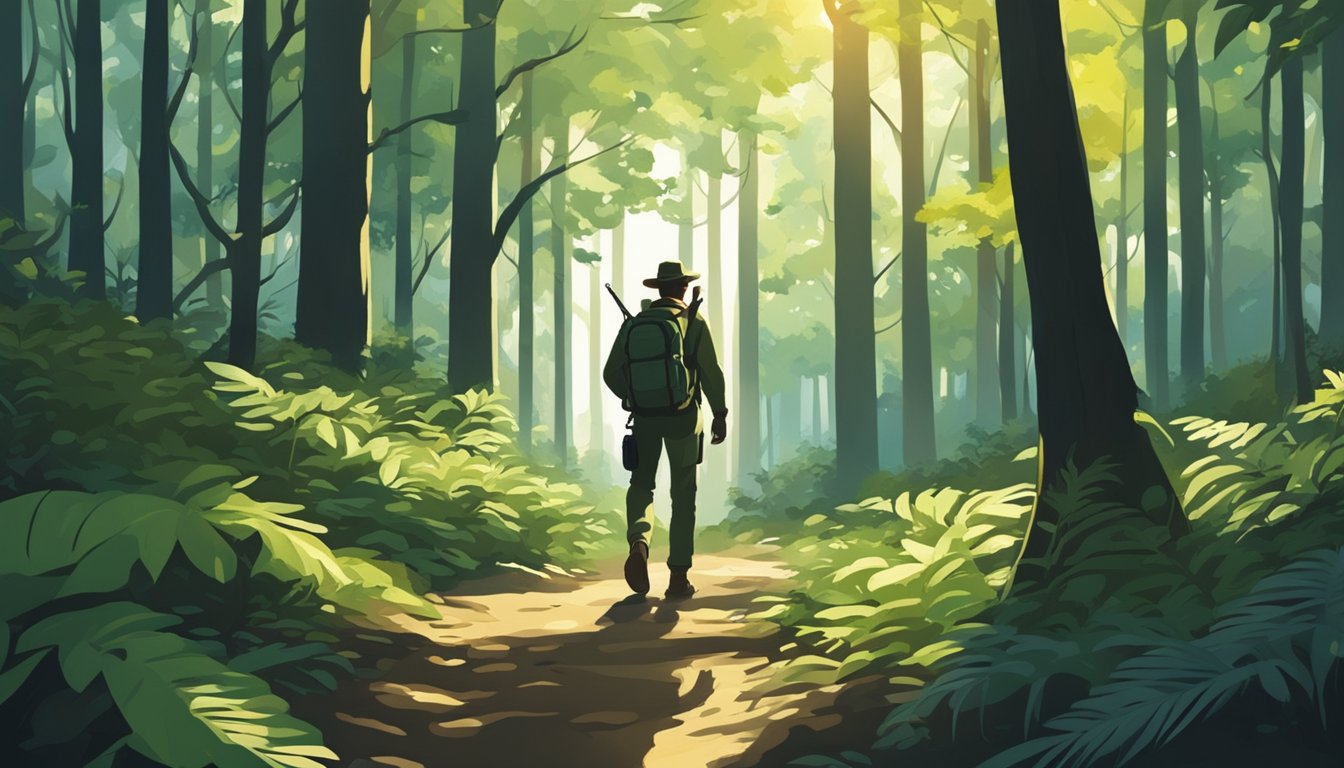 A hunter walks through a dense forest, surrounded by tall trees and thick underbrush. The sun filters through the leaves, casting dappled shadows on the forest floor