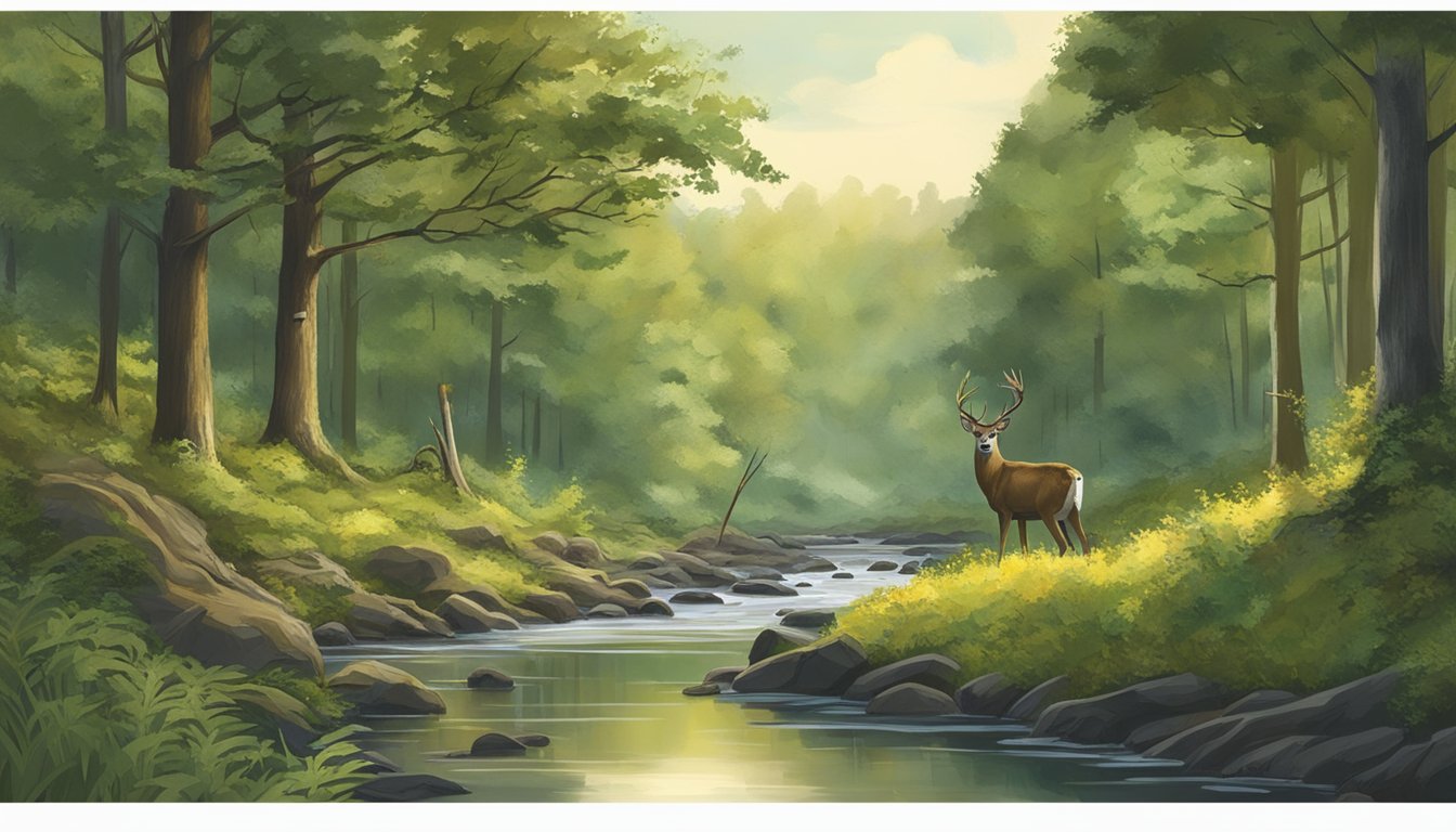 A lush forest with a clear stream, deer grazing, and a hunter setting up a tree stand