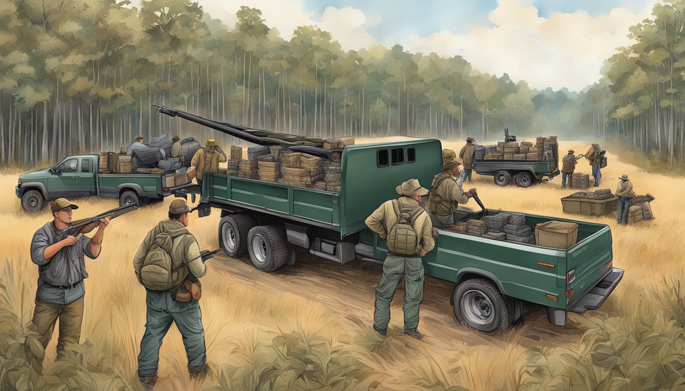 A group of hunters gather gear and load up trucks at a Mississippi hunting lease before heading out for a hunt