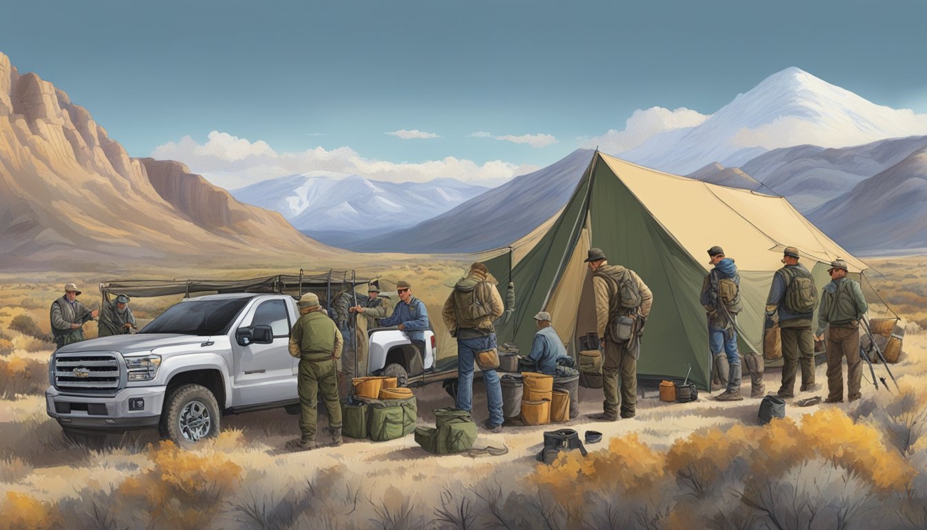 A group of hunters setting up camp on a Nevada hunting lease, unloading gear and preparing for a day of hunting